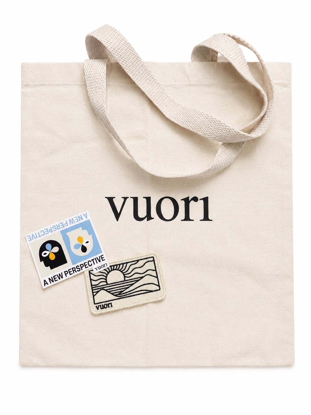Vuori Canvas Tote in Cream & Black Logo‎ One sticker & one patch 100% Cotton